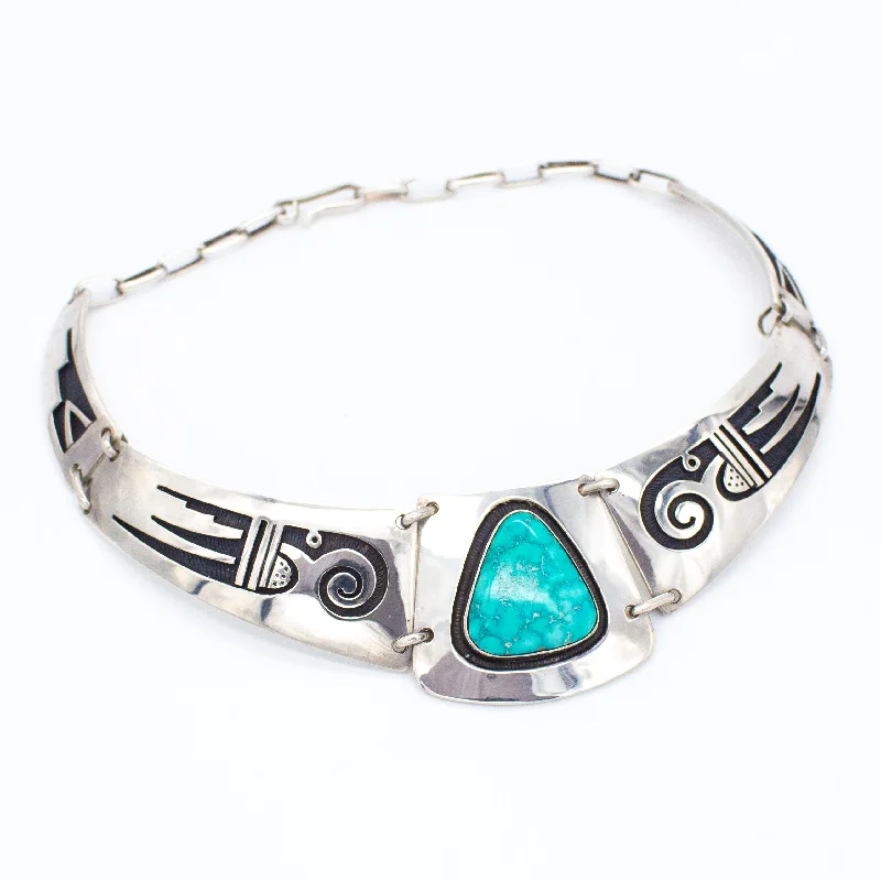 Statement Beaded Necklace-Victor Coochwytewa Hopi Handmade Sterling Silver Turquoise Necklace