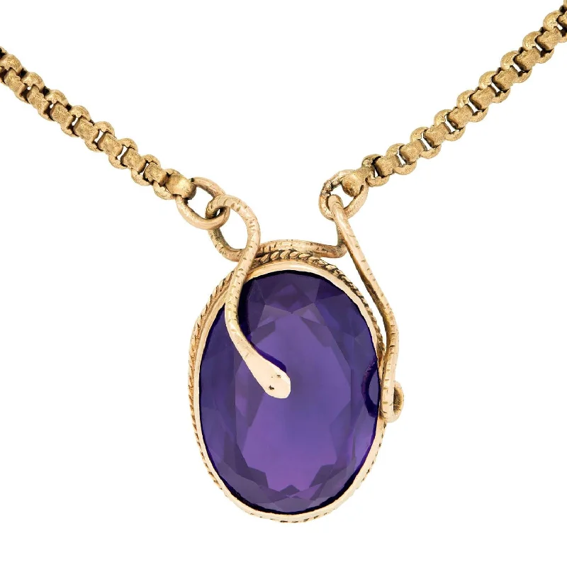 Long Gold Necklace-Victorian 14k Amethyst Snake Motif Necklace