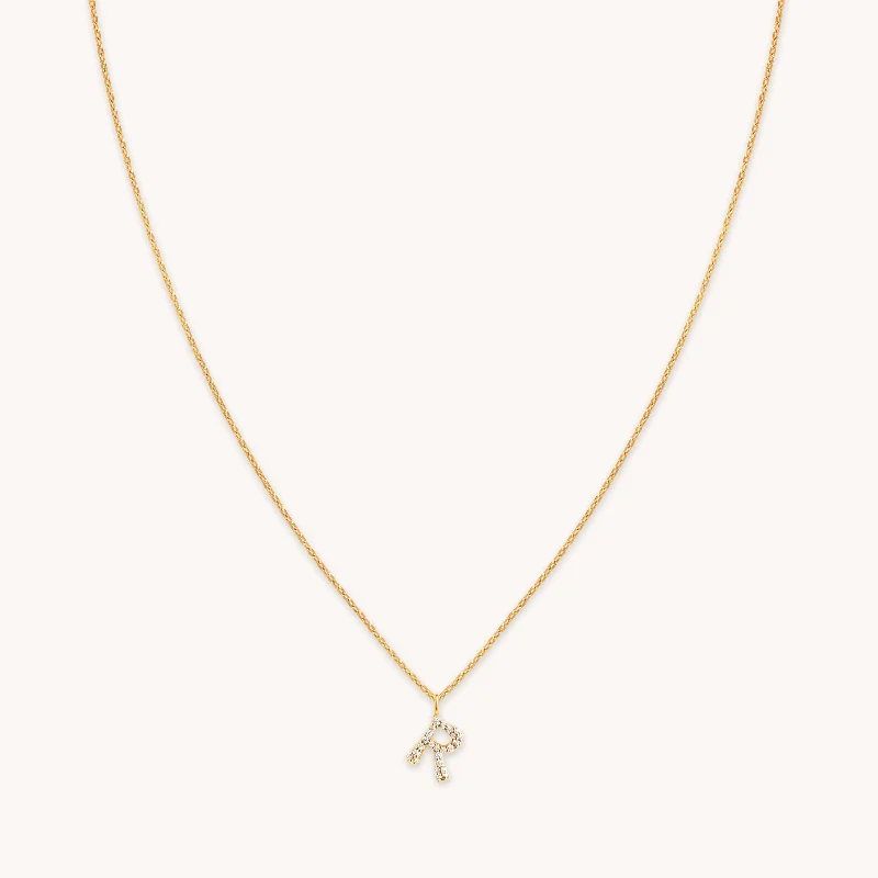 Adjustable Silver Necklace-R Initial Pavé Pendant Necklace in Gold