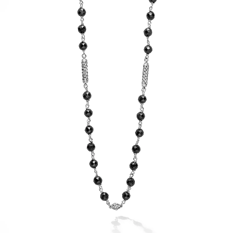 Long Chain Pendant Necklace-Caviar Icon Black Ceramic Beaded Necklace