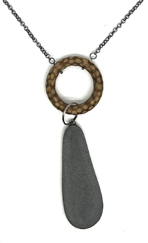 Bead Chain Necklace-Rock and Wood Bezel Set Necklace