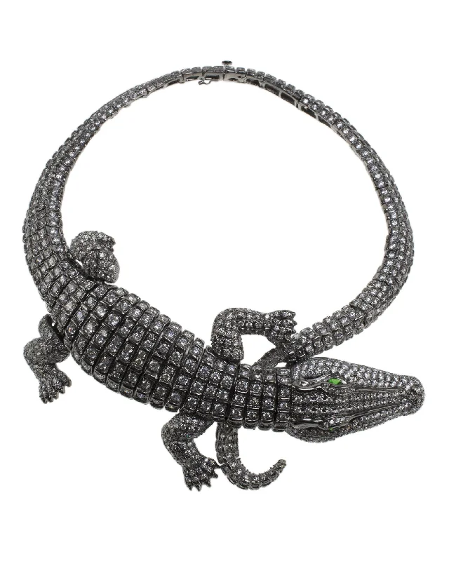 Long Diamond Pendant Necklace-Crocodile Collar Necklace