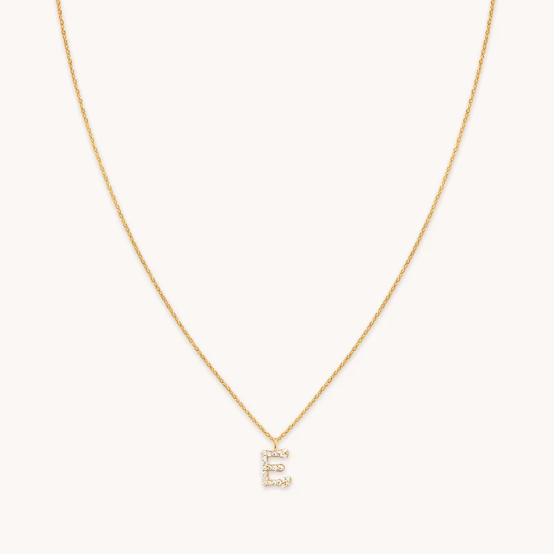 Geometric Gold Necklace-E Initial Pavé Pendant Necklace in Gold