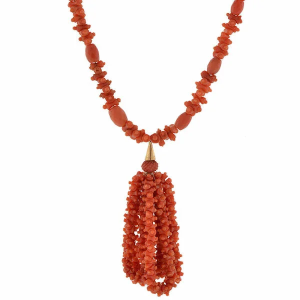 Bright Gold Necklace-Victorian Natural Carved Coral Beaded Tassel Necklace