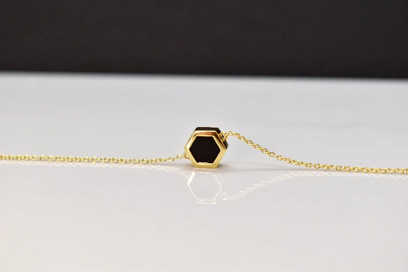 Geometric Gold Necklace-Short Geometric Necklace with Black and Gold Hexagon Charm, Minimal Necklace in 14k Gold