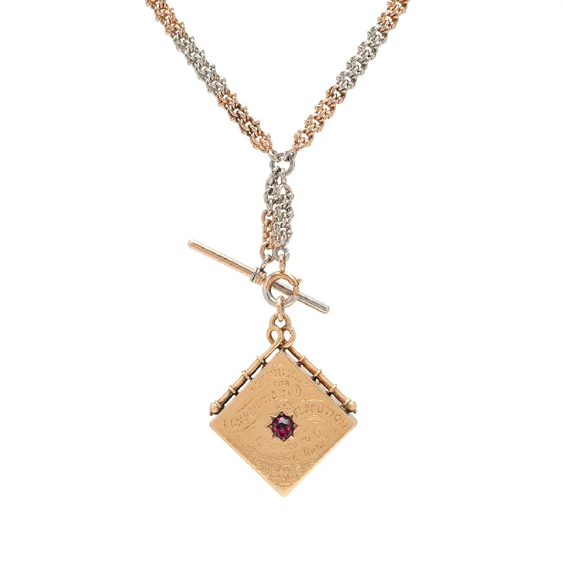 Black Pendant Necklace-Edwardian 14kt & Platinum Checkerboard & Garnet Locket Necklace