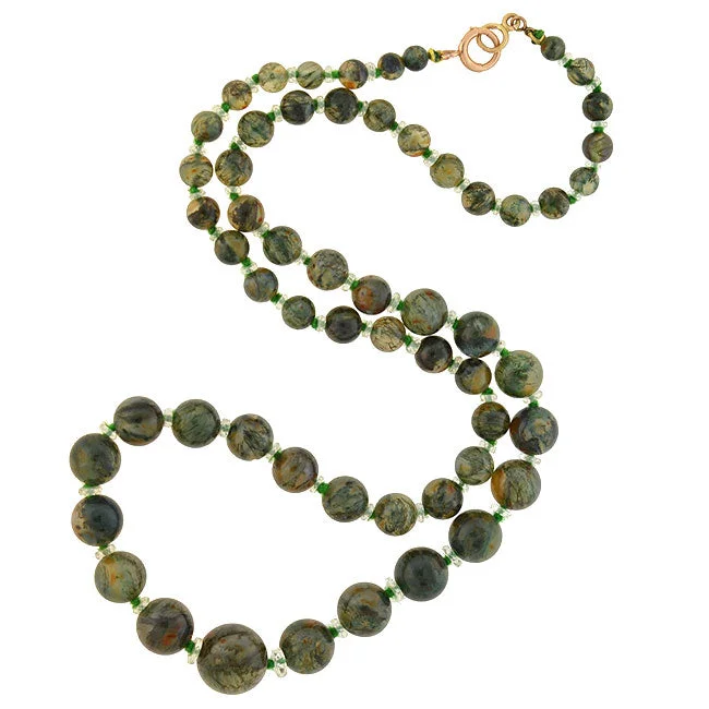 Layered Gemstone Necklace-Art Deco Moss Agate & Rock Crystal Beaded Necklace