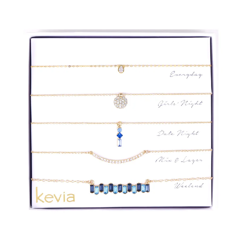 Layered Gemstone Necklace-Two-Tone Blue Pave Pendant Necklace Set