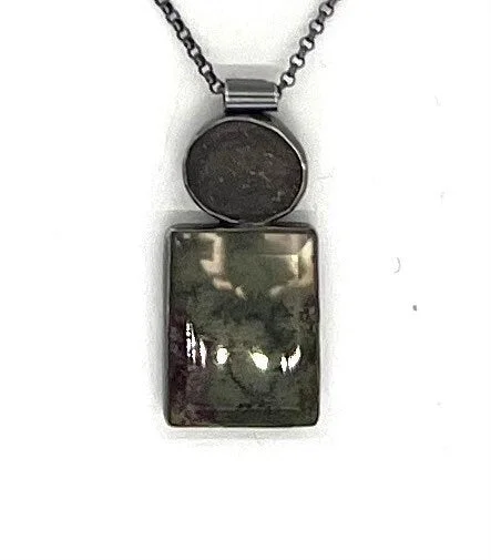 Black Crystal Necklace-Rock and Moss Agate Bezel Set Necklace