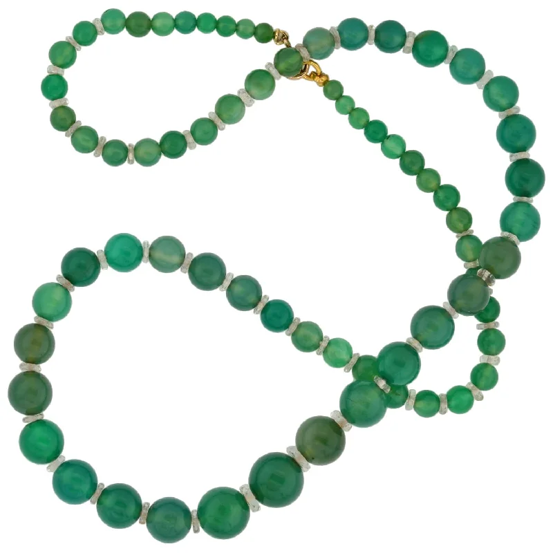 Gold Bead Pendant Necklace-Art Deco Chrysoprase + Rock Crystal Bead Necklace 22"