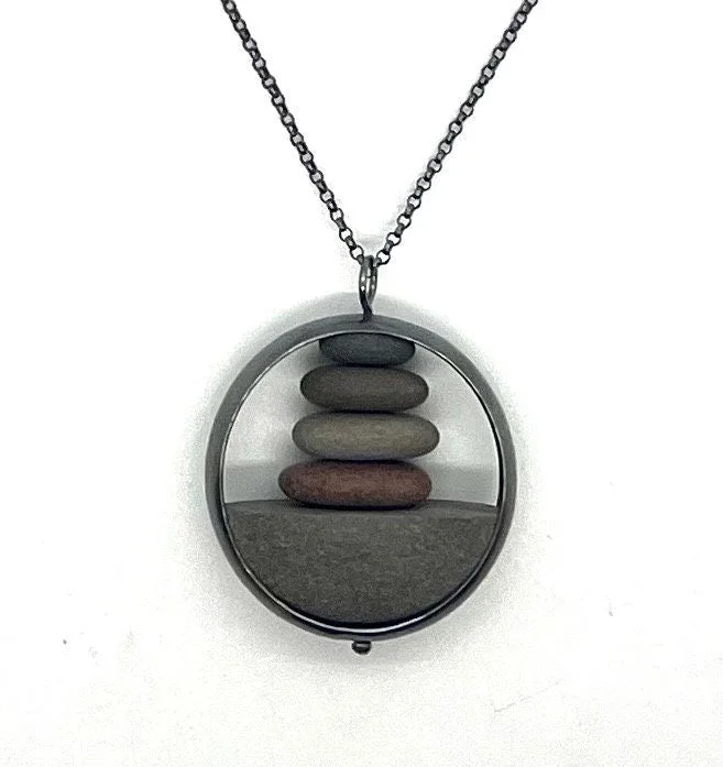 Simple Gold Necklace-Stack of Rocks in Silver Circle