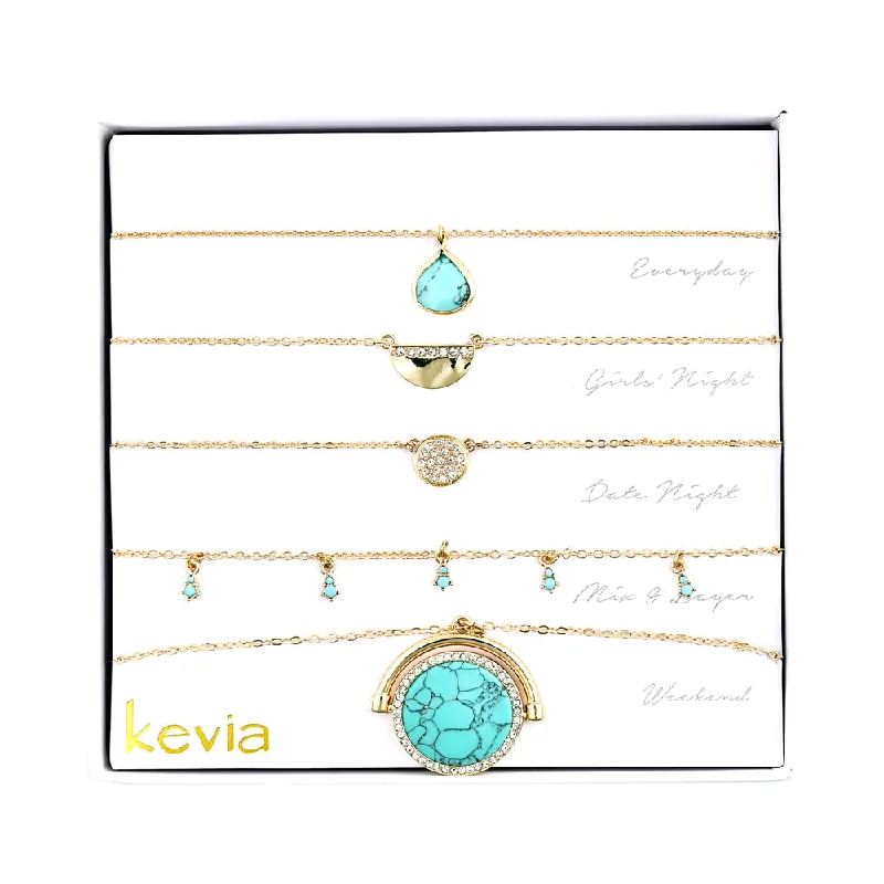 Moon Pendant Necklace-Turquoise Circle Pave Stone Necklace Set