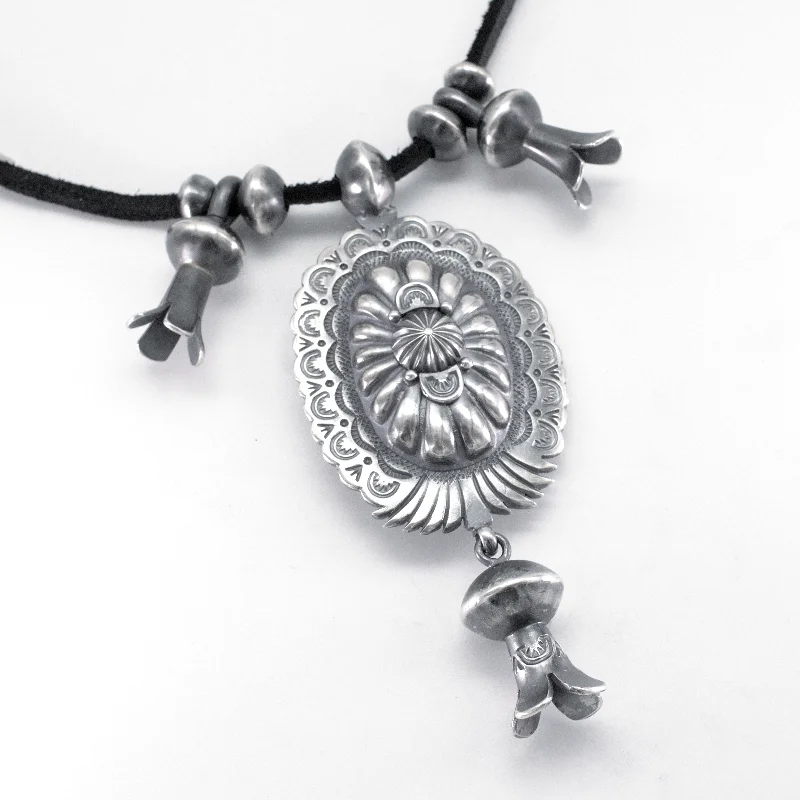 Silver Pendant Necklace-Gabriel Natan Navajo Handmade Sterling Silver Leather Necklace