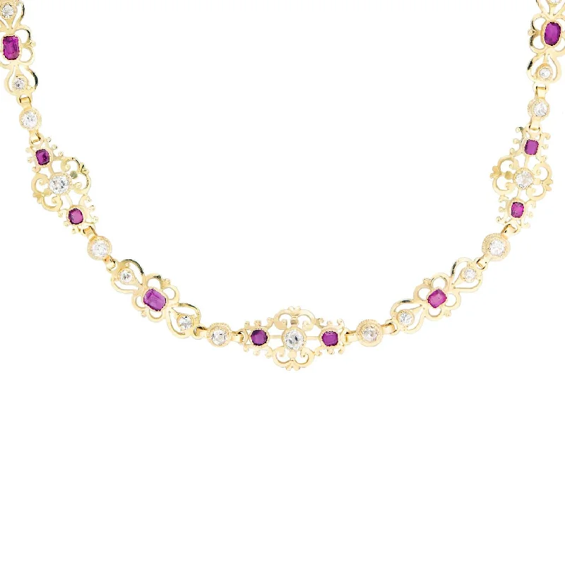 Modern Pendant Necklace-Art Deco Austrian 18k Diamond and Ruby Scrolling Panel Link Necklace