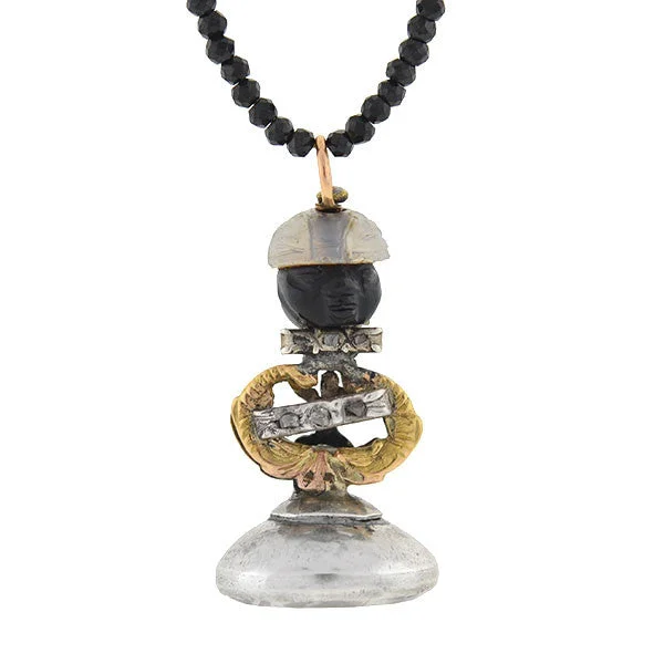 Gold Rope Chain Necklace-Victorian Blackamoor Intaglio Fob Black Spinel Necklace