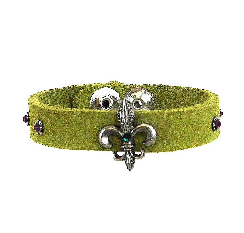 Diamond Heart Bracelet-Fleur De Lis Leather Bracelet .55" Green Suede