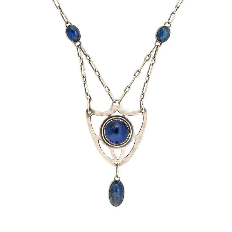 Birthstone Necklace for Mom-Arts and Crafts Sterling Silver Sodalite Shield Necklace