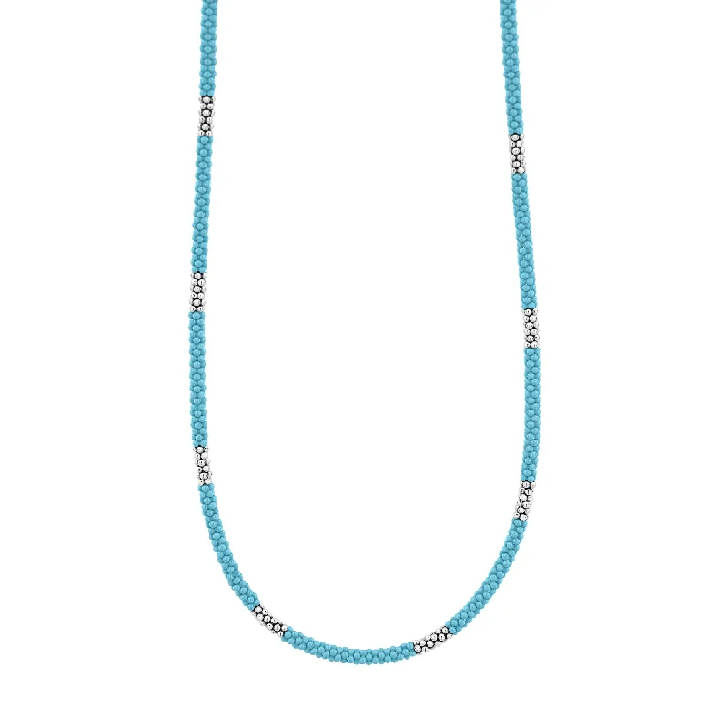 Two-Tone Gold Necklace-Blue Caviar Silver Station Ceramic Beaded Necklace 3mm