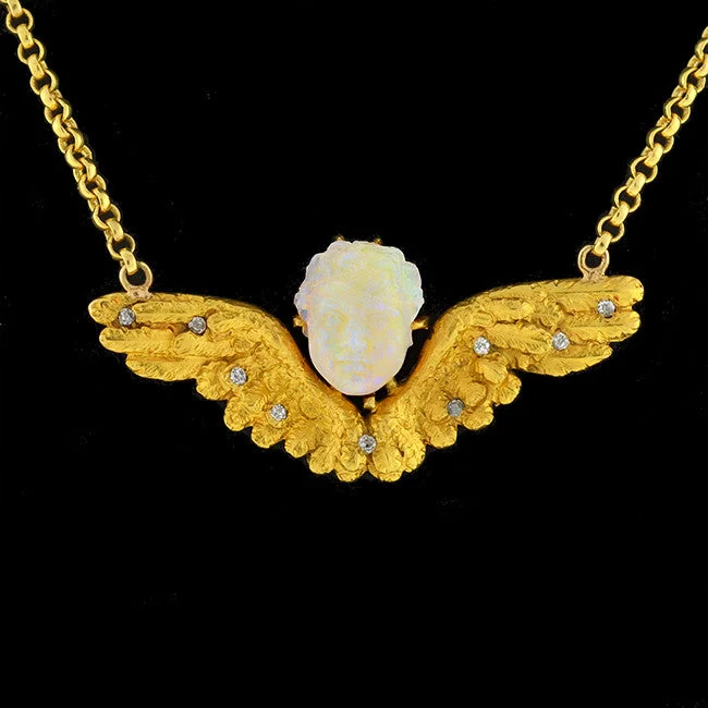 Gold Rope Necklace-Victorian 18kt Carved Opal & Diamond Winged Cherub Necklace