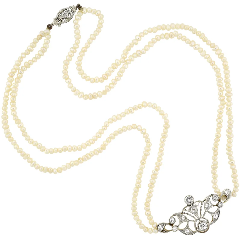 Beaded Pendant Necklace-Edwardian 14kt/Platinum Seed Pearl + Diamond Centerpiece Necklace