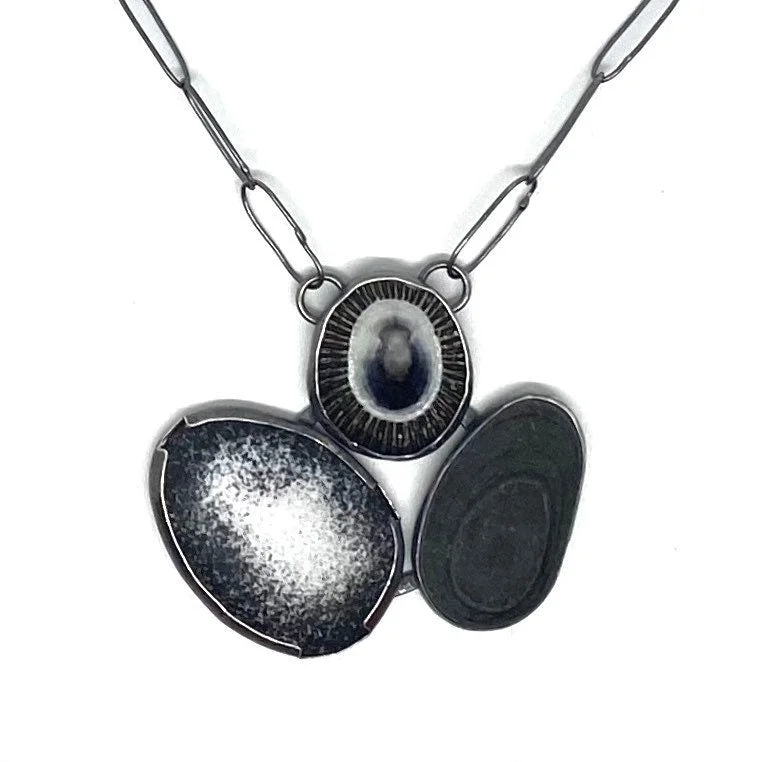 Silver Pendant Necklace with Gemstones-Rock, shell & enamel necklace