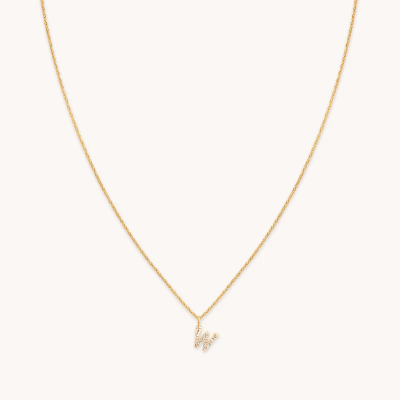 Silver Pendant with Diamonds-W Initial Pavé Pendant Necklace in Gold