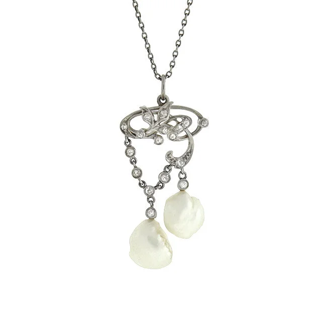 Bohemian Style Necklace-Edwardian Platinum/14kt Diamond & Pearl Lavalier Necklace