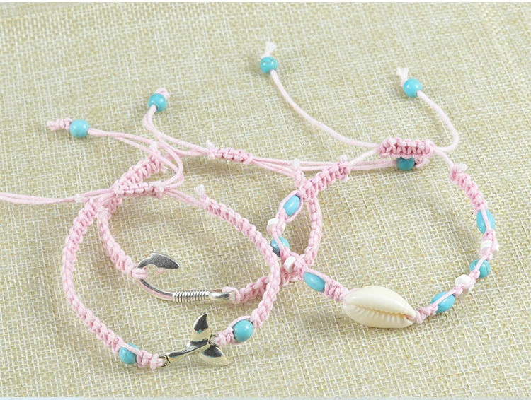 Custom Beaded Wrist Bracelet-Marine Style Shell Fish Tail Fishhook Rope Knitting Unisex Drawstring Bracelets