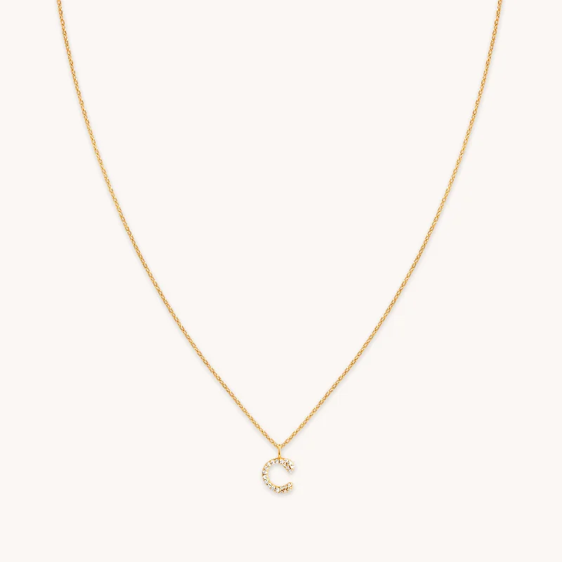 Red Coral Necklace-C Initial Pavé Pendant Necklace in Gold