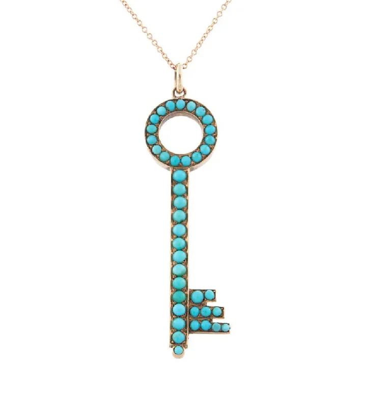 Vintage Gemstone Necklace-Victorian 14kt Rose Gold + Persian Turquoise Key Pendant Necklace