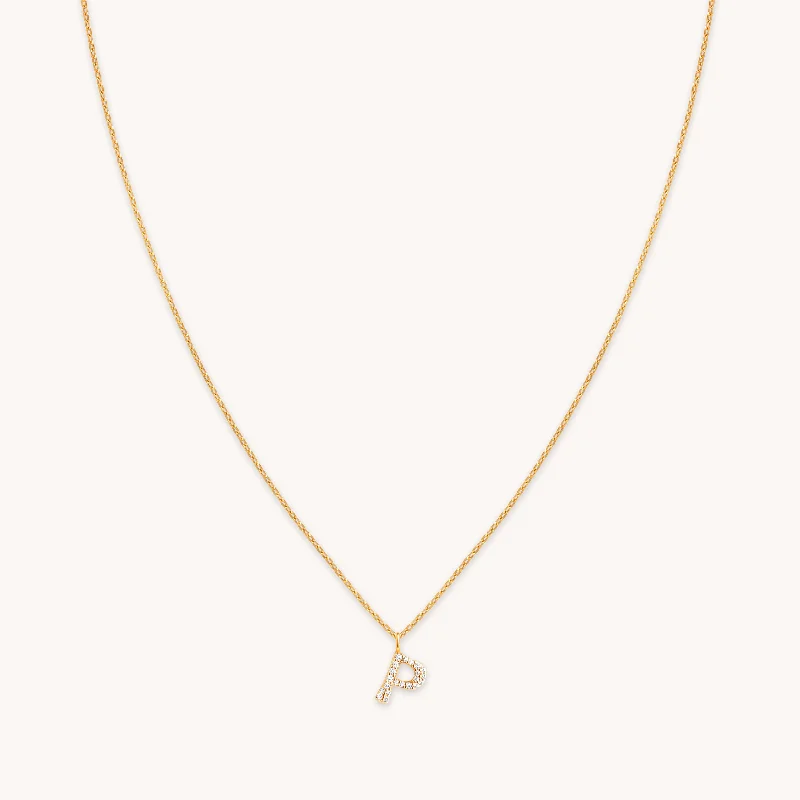 Trendy Silver Necklace-P Initial Pavé Pendant Necklace in Gold