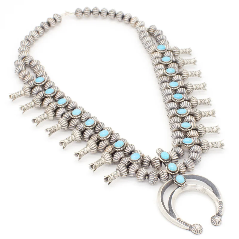 Retro Silver Necklace-Chris Hale Sterling Silver Turquoise Squash Blossom Necklace