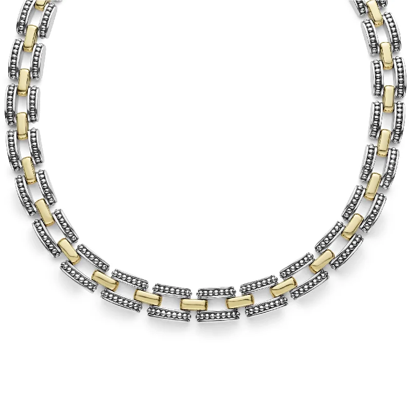 Customizable Gold Necklace-High Bar Two-Tone Caviar Link Necklace