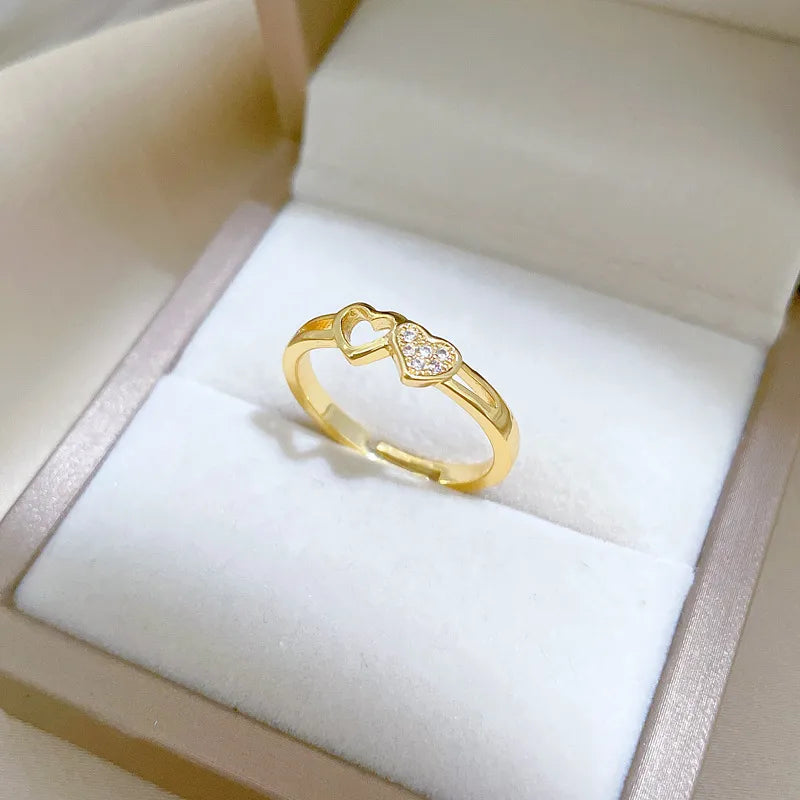 Simple Wedding Band Set-Brass Gold Plated IG Style Cute Sweet Inlay Heart Shape Zircon Open Rings