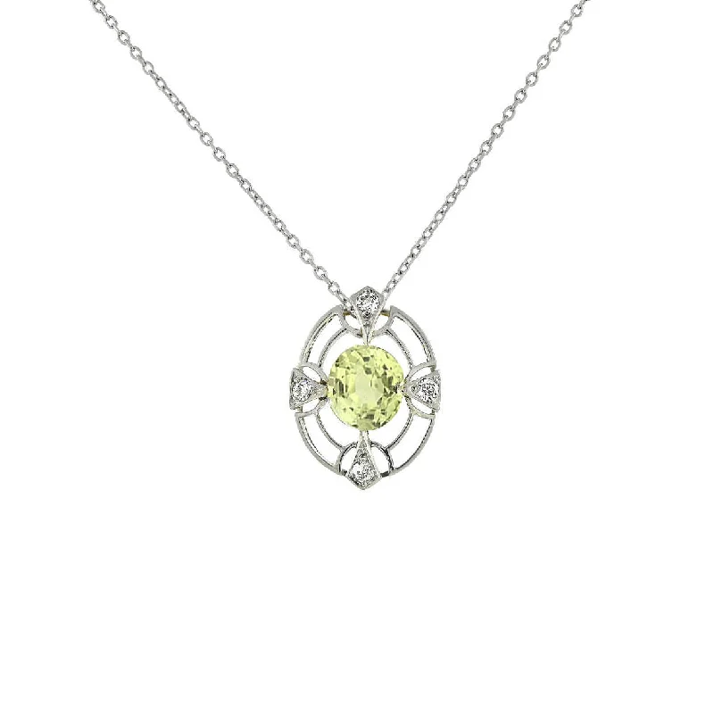 Luxury Silver Necklace-Edwardian Platinum/14kt Chrysoberyl + Diamond Pendant Necklace