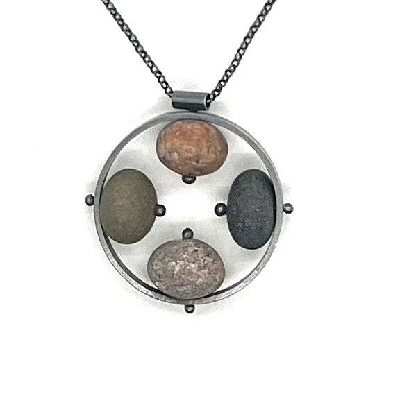 Silver Oval Necklace-4 Rock Circle Necklace