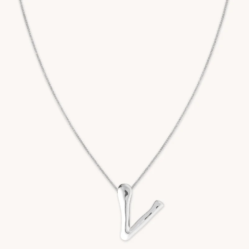 Bold Silver Necklace-V Initial Bold Pendant Necklace in Silver