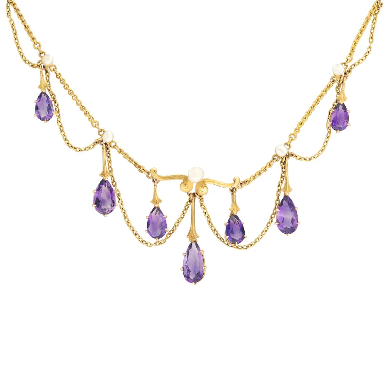 Simple Gold Chain Necklace-Victorian 14k Amethyst & Pearl Festoon Necklace