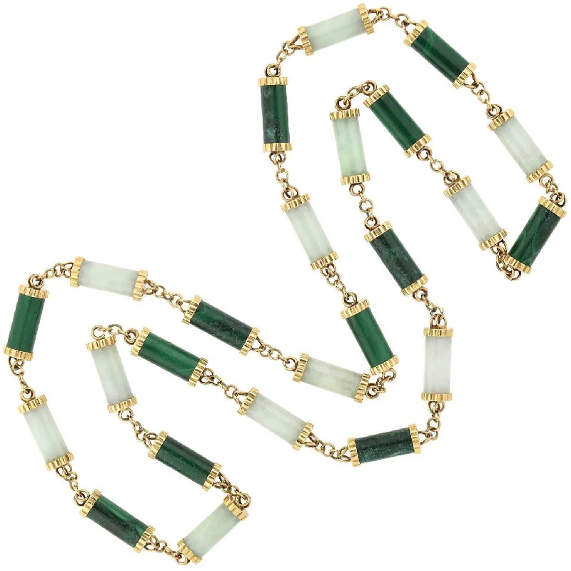 Wedding Necklace for Bridesmaids-Vintage 14kt Nephrite Jade + Malachite Link Necklace 35"