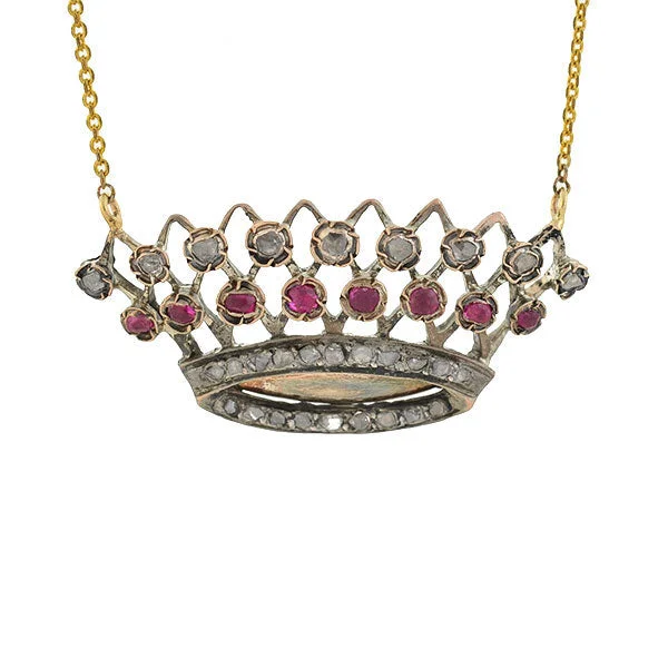 Simple Silver Necklace-Victorian 14kt/Sterling Ruby & Rose Cut Diamond Crown Necklace