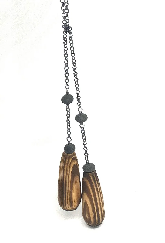 Natural Stone Pendant Necklace-Wood and Rock Lariat