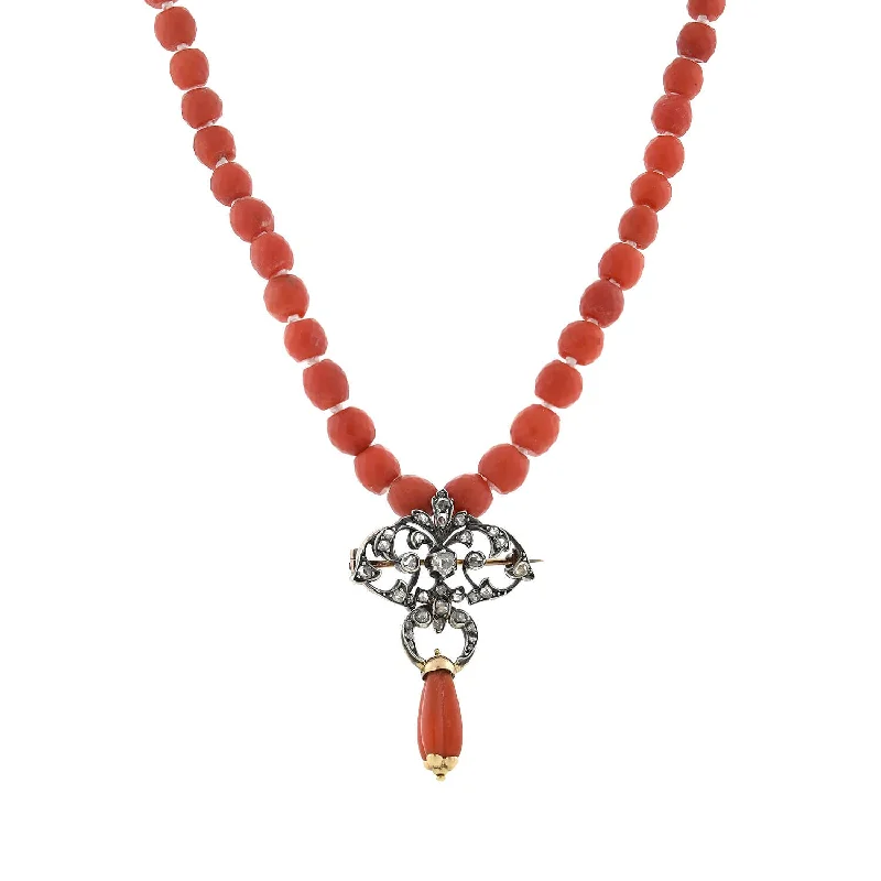 Multi-Color Necklace-Victorian 15kt/Silver Diamond Pin/Pendant and Natural Coral Beaded Necklace