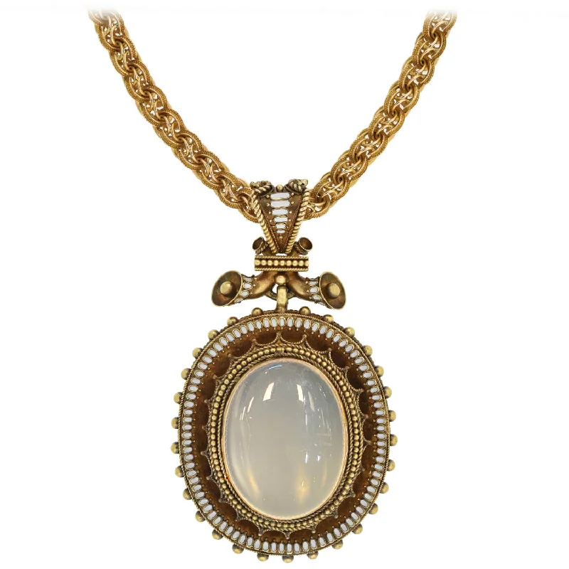 Layered Heart Pendant Necklace-Victorian Large 18kt Enameled + Moonstone Pendant Necklace