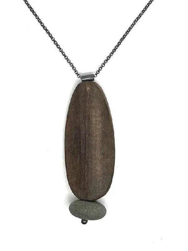 Silver Pendant with Diamonds-Burned Wood Oval and Rock Necklace