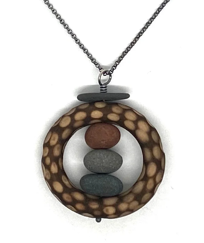 Simple Crystal Pendant Necklace-Rocks stacked in wood circle necklace