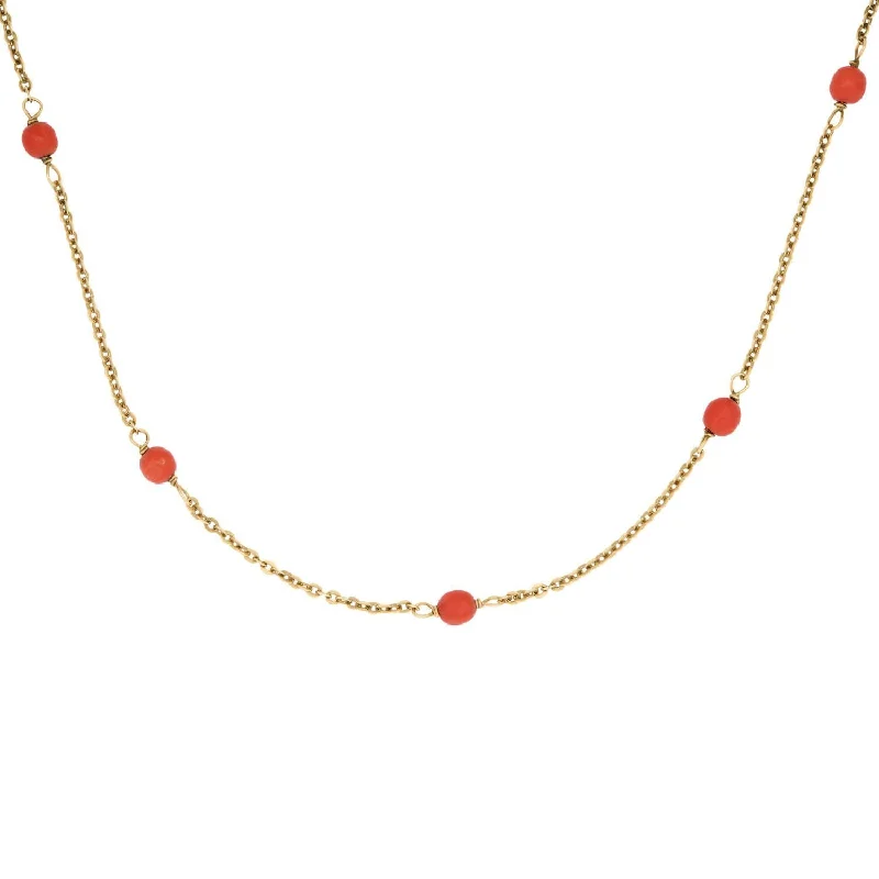 Silver Leaf Necklace-Art Deco 14k Coral Bead Necklace