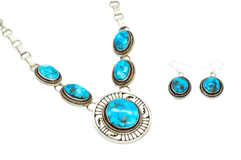 Sapphire Pendant Necklace-Leonard Nez Navajo Handmade Sterling Silver Turquoise Pendant Necklace and Earrings Set