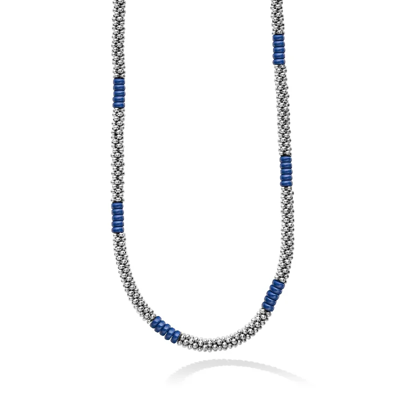 Luxury Silver Necklace-Blue Caviar Silver Station Ceramic Beaded Necklace 3mm