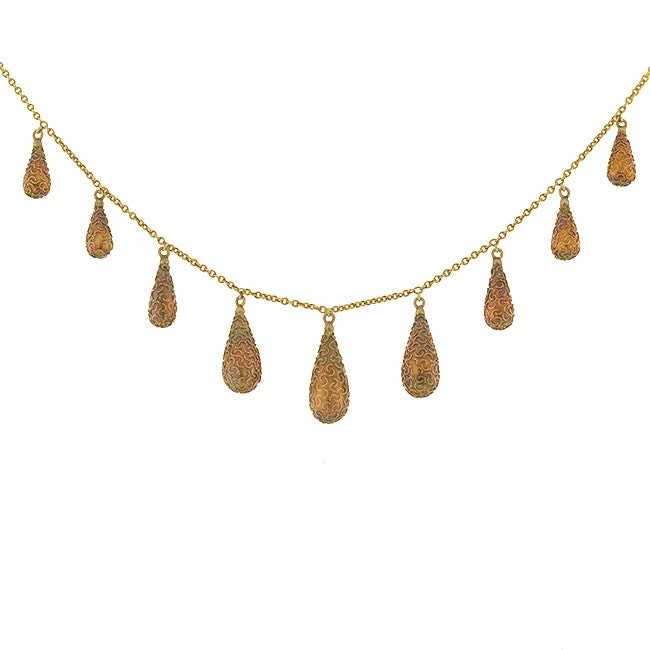 Long Gold Necklace-Victorian 15kt Gold Etruscan Tear Drop Festoon Necklace