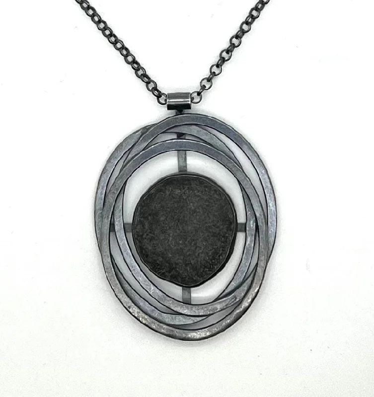 Layered Silver Pendant Necklace-Layered Ovals Rock Necklace